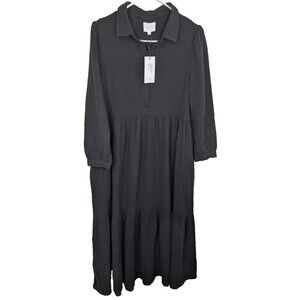 We Are Sundays Black Sage Shirt Dress Maxi Midi Collared Pockets Small